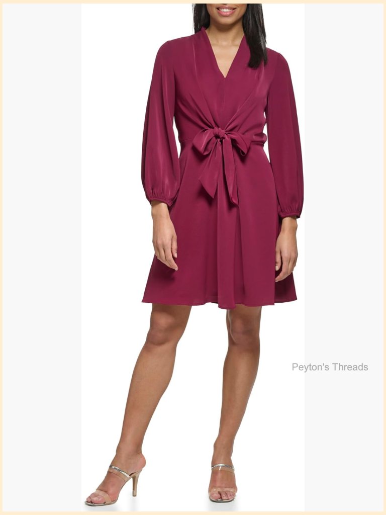 Long Balloon Sleeve Front Tie Mini Dress - Drapey Crepe